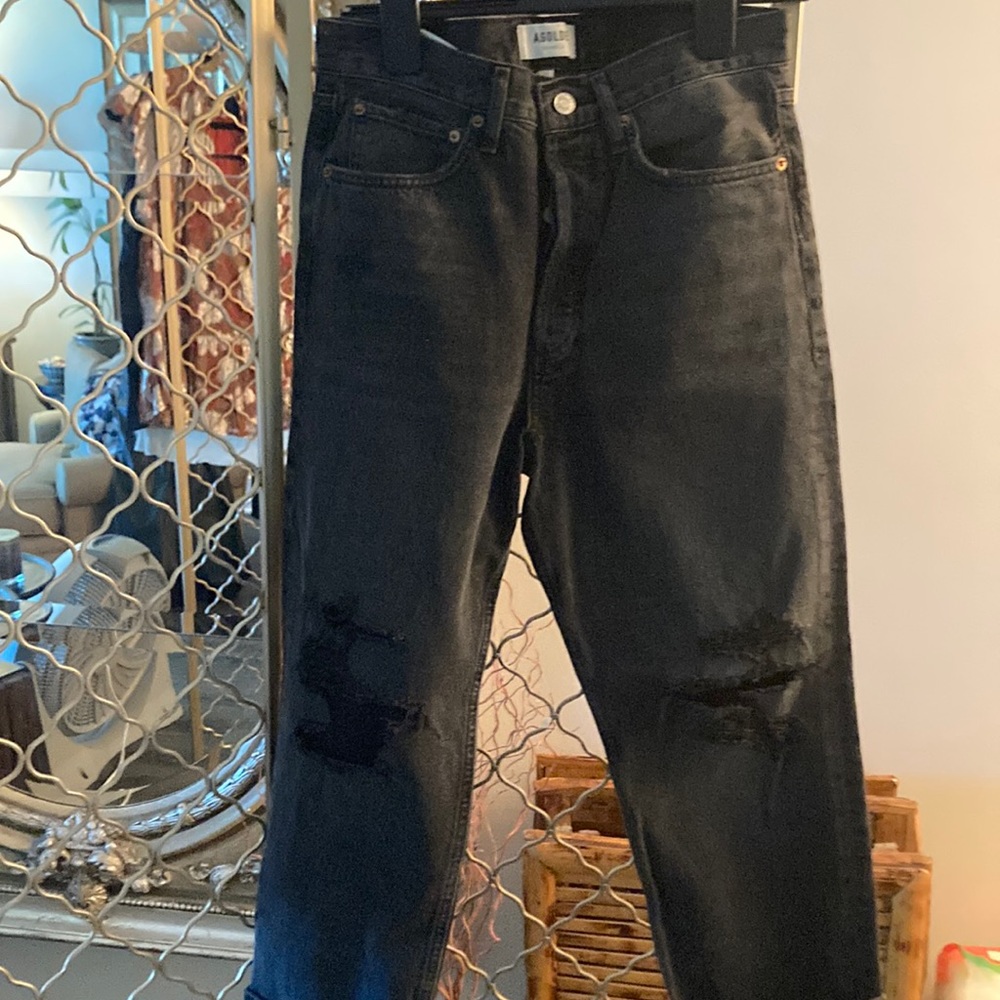 Washed black AGOLDE pinch high waist holes knee jeans.